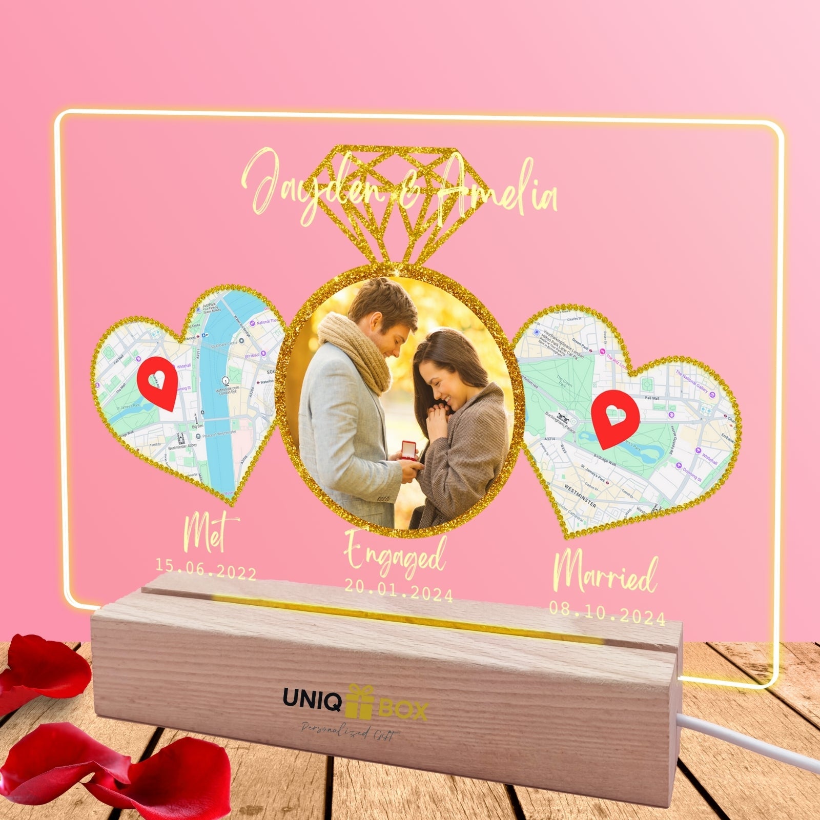 Personalised LED Photo Light Frame,Custom Couple Gift,Romantic Hearts Map Present for Valentines Day,Anniversary Wedding Engagement Gifts for Her Him Wife Husband Boyfriend Girlfriend - uniqicon